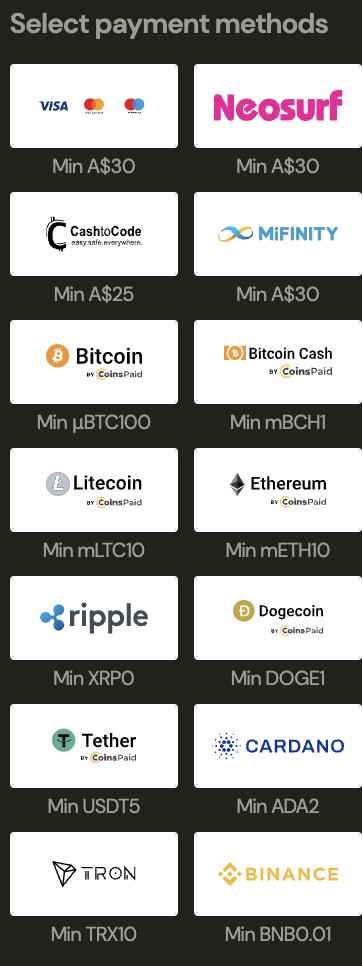 Payments methods at the official site in Australia